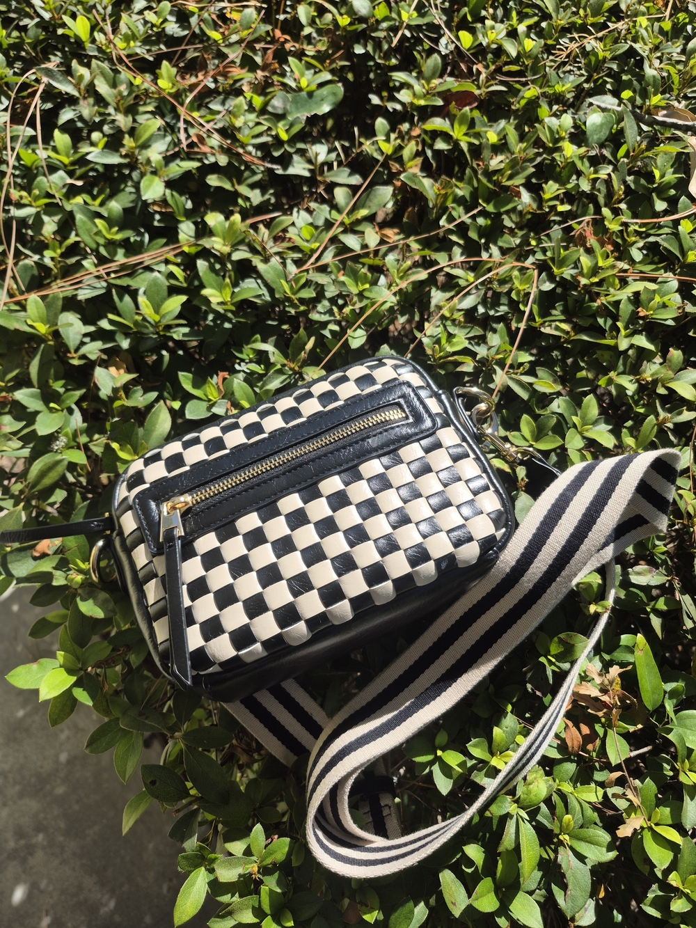 Black & Cream Checkered Crossbody Bag with Striped Strap